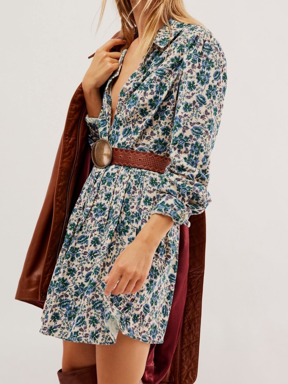 FREE PEOPLE FLORAL BUTTON FRONT CORDUROY LONG SLEEVE DRESS SZ 10